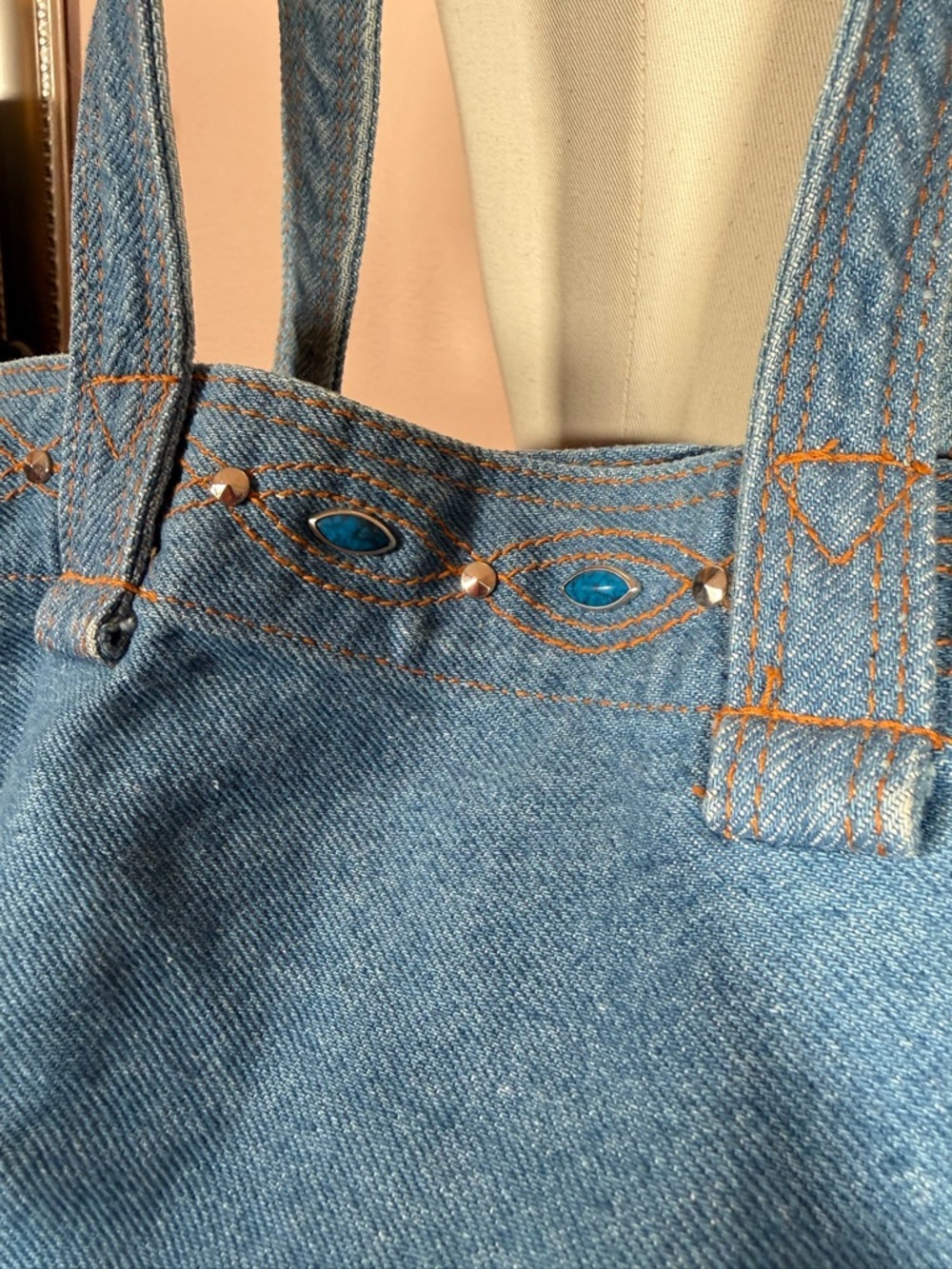 Vintage 1980’s Denim Southwestern Studded Festival Bucket Tote Bag - Picture 3 of 17